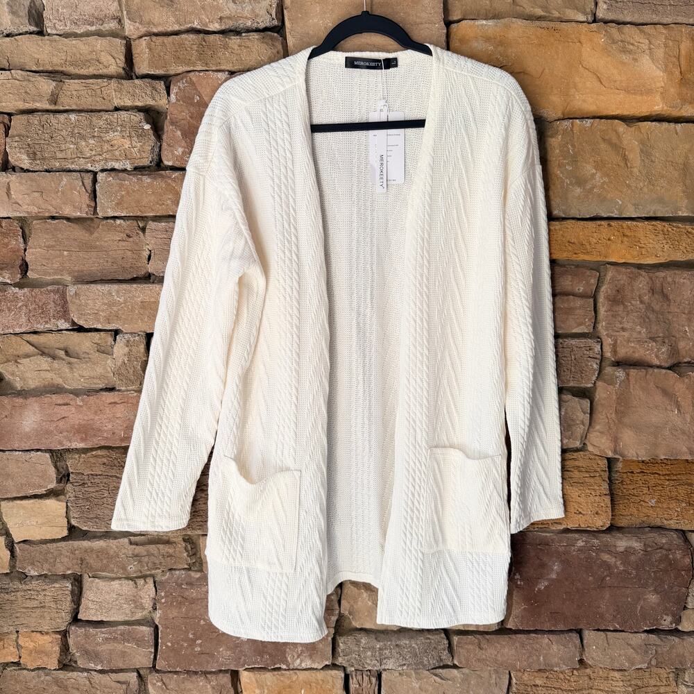 NEW MEROKEETY L Cable Knit Open Front Long Sleeve Cream Sweater Cardigan Pocket